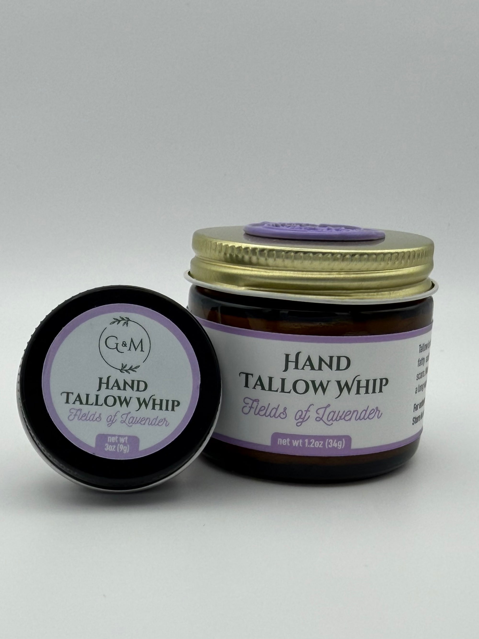Jar of Hand Tallow Whip with gold lid and label on a white background